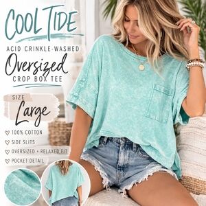 Acid Wash Oversized Crop Box Tee Large | Crinkle Washed Cotton Pocket